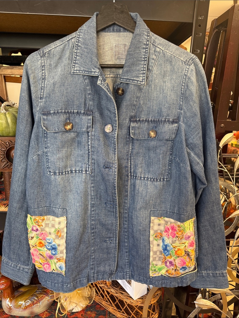 Upcycled Denim Floral-Patch Women’s Jacket - Blue